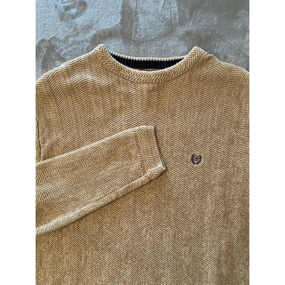 Chaps Sweater Mens Large Tan Herringbone‎ Textured Logo Classic Career Preppy